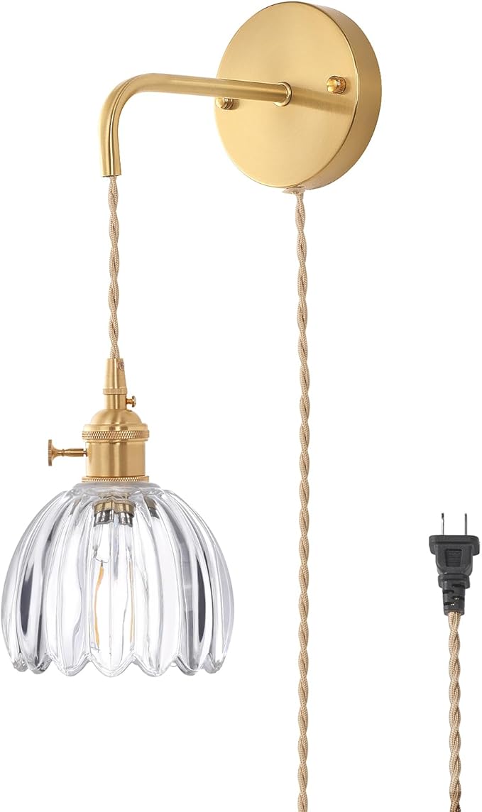 Shenmoyl Vintage Wall Sconce Wall Lamp with Clear Tulip Glass Shade Hanging Wall Sconce with 4.9FT Plug in Cord, Modern Wall Lamp Fixtures Decor for Bedside Bedroom Indoor Doorway