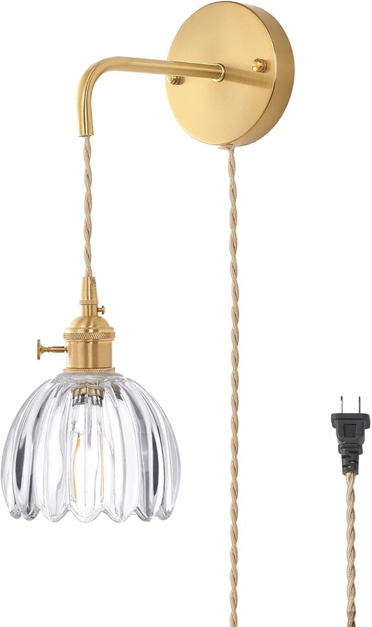 Shenmoyl Vintage Wall Sconce Wall Lamp with Clear Tulip Glass Shade Hanging Wall Sconce with 4.9FT Plug in Cord, Modern Wall Lamp Fixtures Decor for Bedside Bedroom Indoor Doorway