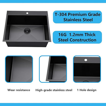 18x18 inch Drop in Bar Sink Black, Topmount Stainless Steel Small Kitchen Sink for Laundry Wet Bar Prep RV Office Outdoor Yard with Dish Grid and Basket Strainer