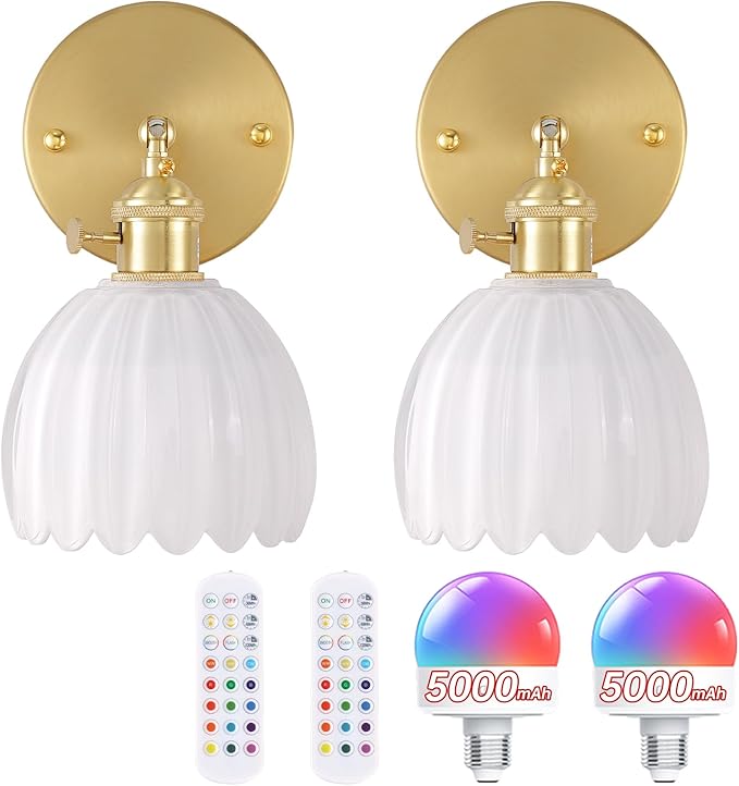Shenmoyl Vintage Battery Operated Wall Sconce with White Tulip Glass Lampshade 5000 mAh Rechargeable Battery Powered Wall Light with Remote Control for Bedside Bedroom Doorway, Set of 2