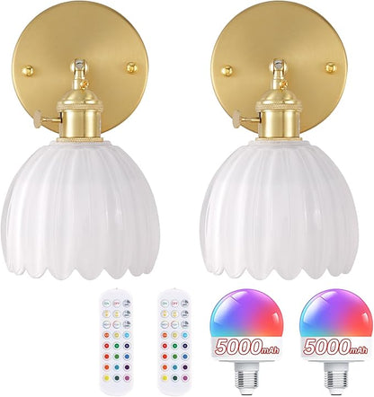 Shenmoyl Vintage Battery Operated Wall Sconce with White Tulip Glass Lampshade 5000 mAh Rechargeable Battery Powered Wall Light with Remote Control for Bedside Bedroom Doorway, Set of 2