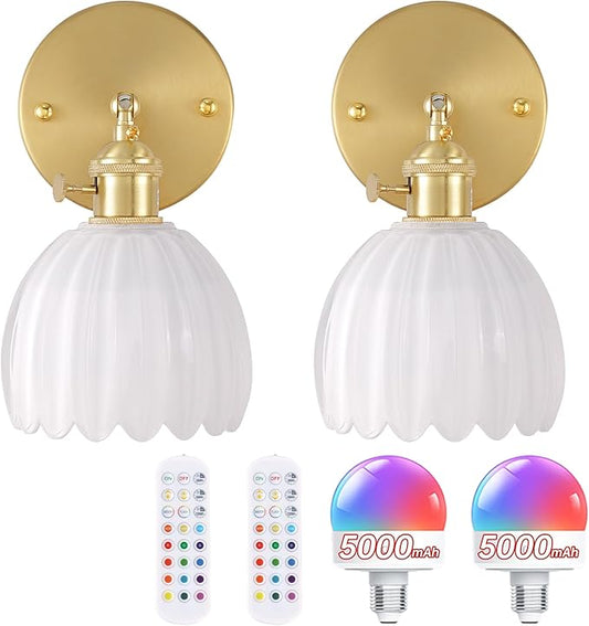 Shenmoyl Vintage Battery Operated Wall Sconce with White Tulip Glass Lampshade 5000 mAh Rechargeable Battery Powered Wall Light with Remote Control for Bedside Bedroom Doorway, Set of 2
