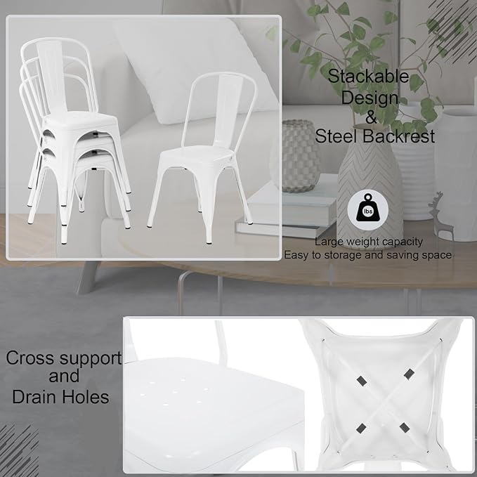 Tolix Metal Stackable Patio Chairs - Set of 4, 18 Inch Seat Height, Indoor/Outdoor, Chic Restaurant & Trattoria Style