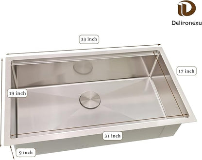 33x19 Undermount Kitchen Sink, Delironexu 33 Inch Kitchen Sink Workstation, 16 Gauge 304 Stainless Steel Undermount Kitchen Sink Single Bowl with Accessories