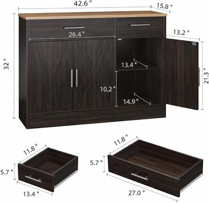 Shintenchi 3 Doors Farmhouse Sideboard Buffet Cabinet,42" Barn Doors Buffet with Storage,Wood Coffee Bar Cabinet with Adjustable Shelf for Kitchen,Living Room,Brown