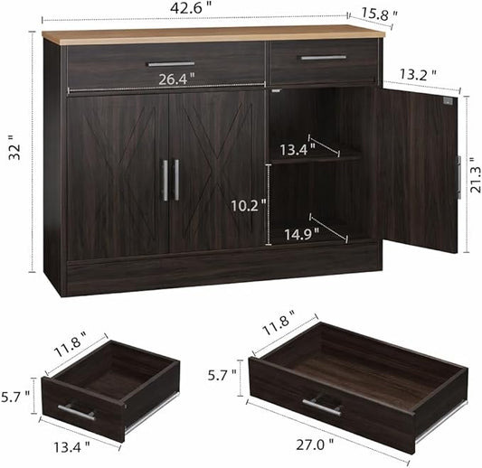 Shintenchi 3 Doors Farmhouse Sideboard Buffet Cabinet,42" Barn Doors Buffet with Storage,Wood Coffee Bar Cabinet with Adjustable Shelf for Kitchen,Living Room,Brown