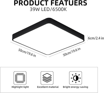 Ganeed 19.6 inch LED Ceiling Light, 39W Black LED Day White 6500K Square Flush Mount Ceiling Lamps, Energy Saving Light Fixture for Office Bedroom Kitchen Hallway Stairways