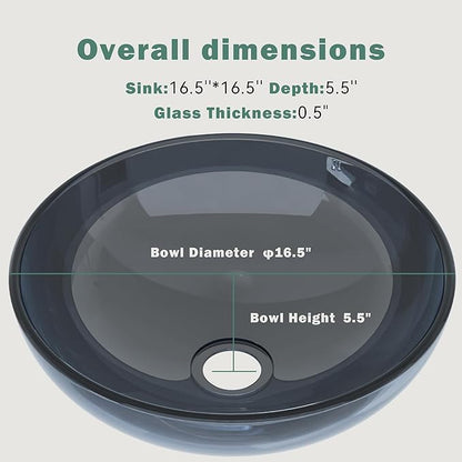 Design Vessel Sink Bathroom Sink above counter Small Vessel Sink Bathroom Sink Bowl Countertop Modern Sinks with faucet and drain combo 16.5" Round Transparent New