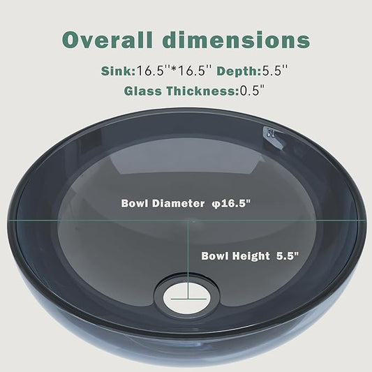Design Vessel Sink Bathroom Sink above counter Small Vessel Sink Bathroom Sink Bowl Countertop Modern Sinks with faucet and drain combo 16.5" Round Transparent New