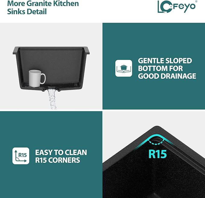 Black Undermount Kitchen Sink 21"x18" Workstation Granite Composite Bar Sink Small Granite Sink Undermount Quartz Modern Under Counter Ledge Single Bowl Kitchen Sinks Basin Deep Sink,LOF-Q4574