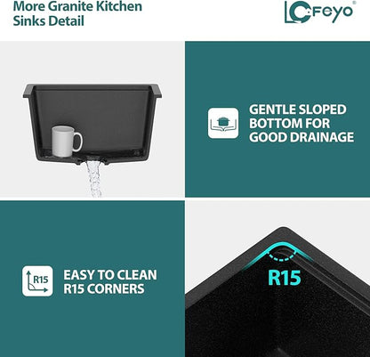 Black Undermount Kitchen Sink 21"x18" Workstation Granite Composite Bar Sink Small Granite Sink Undermount Quartz Modern Under Counter Ledge Single Bowl Kitchen Sinks Basin Deep Sink,LOF-Q4574