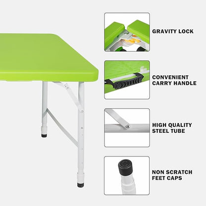 4 FT Folding Table with Carry Handle, Portable Fold-in-Half Plastic Table, Rectangle Foldable Table for Indoor/Outdoor Green