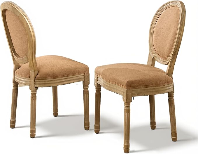SoarFlash French Dining Chairs Set of 2, Vantage Linen Dining Chair with Round Back, Wood Leg Farmhouse Country Dining Chair for Living Room,Kitchen,Bedroom,Brown