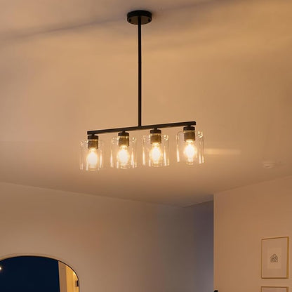 4-Light Kitchen Island Lighting, Black Pendant Light Fixture, Farmhouse Dining Room Light Fixtures Over Table, Modern Hanging Light Fixtures with Clear Glass, E26 Base, Bulbs Not Included