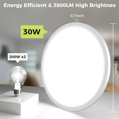 hepside 1Pack LED Flush Mount Ceiling Light Fixture, 15Inch 30W, Dimmable&3000K/3500K/4000K/5000K/6500K Adjustable Low Profile Ceiling Lights, Round Flat Ceiling Light for Kitchen,Hallway-White