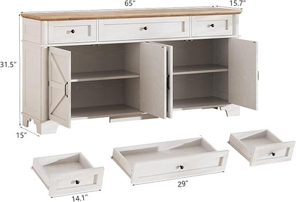 BestHaped 65 Inch Farmhouse Buffet Cabinet with Storage, White Sideboard Buffet Cabinet with Adjustable Shelves & 3 Drawers, Buffet Table Coffee Bar Wine Bar Storage for Kitchen & Living Room