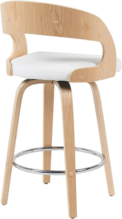 Armen Living Shelly Modern Counter Height Swivel Bar Stool in Patterned Oak Finish with White Faux Leather Upholstered Seat