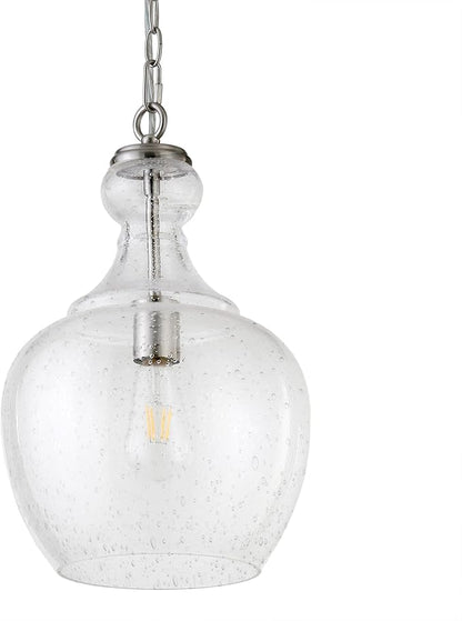 Henn&Hart 11" Mid-Century Modern Pendant Light Fixture with Seeded Glass Dome Shade and 6' Adjustable Cord for Kitchen Island, Dining Room or Game Room, Brushed Silver