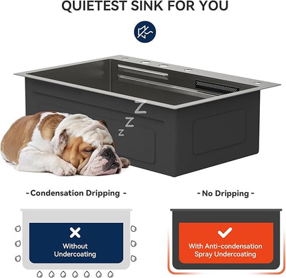 Lordear 33 Drop In Kitchen Sink with Faucet 33x22 Inch Waterfall Kitchen Sinks Topmount Stainless Steel 16 Gauge Single Bowl Workstation Kitchen Sink with Two Multifunctional Switch Knob
