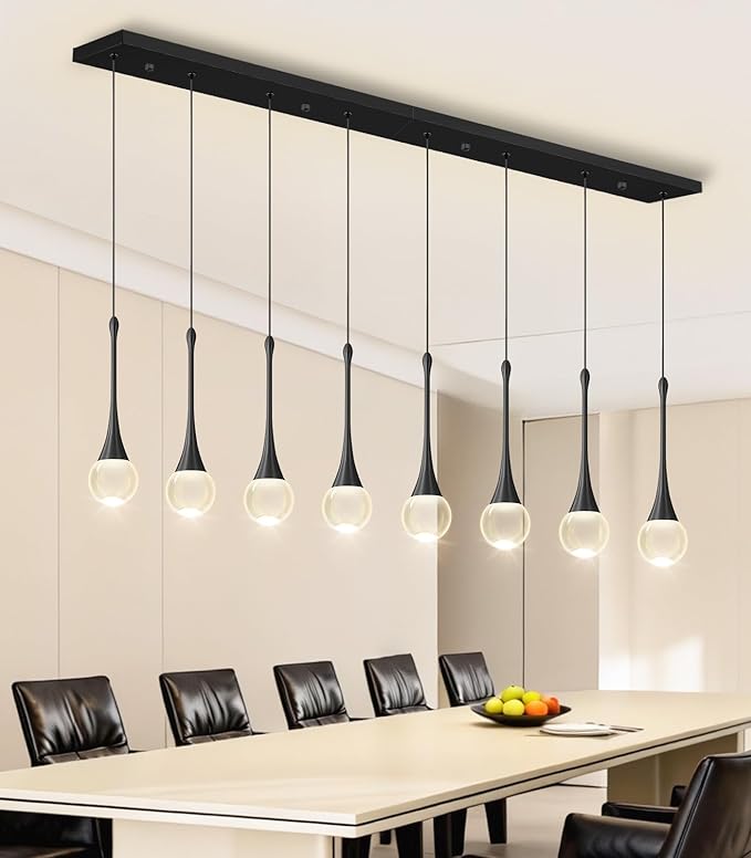Rectangular Crystal Pendant Lights for Kitchen Island 8 Light Dimmable Crystal Chandelier Lighting Fixtures with Remote for Dining Room Living Room Black