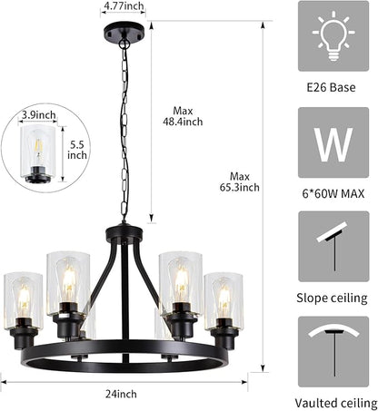 Lanhall 6-Light Farmhouse Chandelier Light Fixture Dining Room Lighting Fixtures Hanging Wagon Wheel Chandelier Kitchen Island Pendant Lights Modern Black Industrial Rustic Adjustable Height Metal