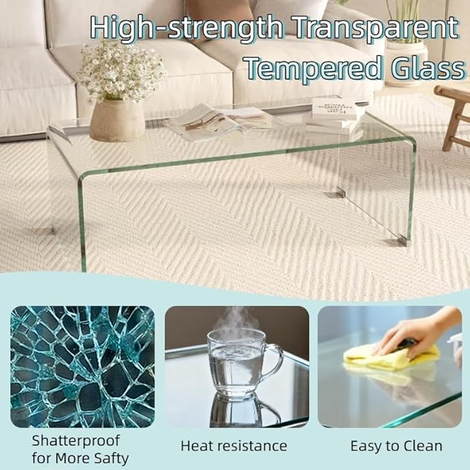 Modern 39.4" Tempered Glass Coffee Table, 12mm Ultra-Thick Waterfall Clear Center Table for Living Room, Minimalist Rectangle Coffee Table for Small Spaces, No Assembly Required
