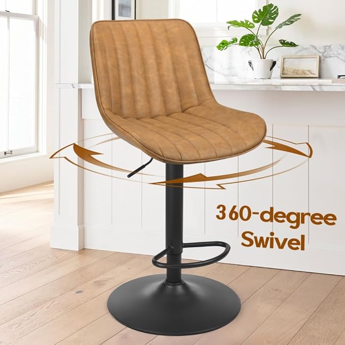 Bar Stools Set of 2, Swivel Adjustable Barstools, with Back Support, PU Leather Counter Height Bar Chairs for Kitchen Island Rustic Barstool, Brown (Brown + PU Leather + Foam-1)