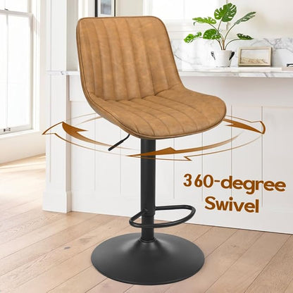 Bar Stools Set of 2, Swivel Adjustable Barstools, with Back Support, PU Leather Counter Height Bar Chairs for Kitchen Island Rustic Barstool, Brown (Brown + PU Leather + Foam-1)