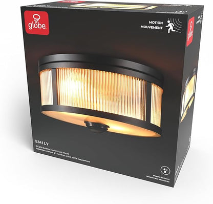 GLOBE Electric 60000123 2-Light Motion Activated Outdoor Flush Mount Ceiling Light, Matte Black, Ribbed Glass Shade, Frosted Lens, 360-Degree Detection, 25ft Range, Weather Resistant, Kitchen Décor