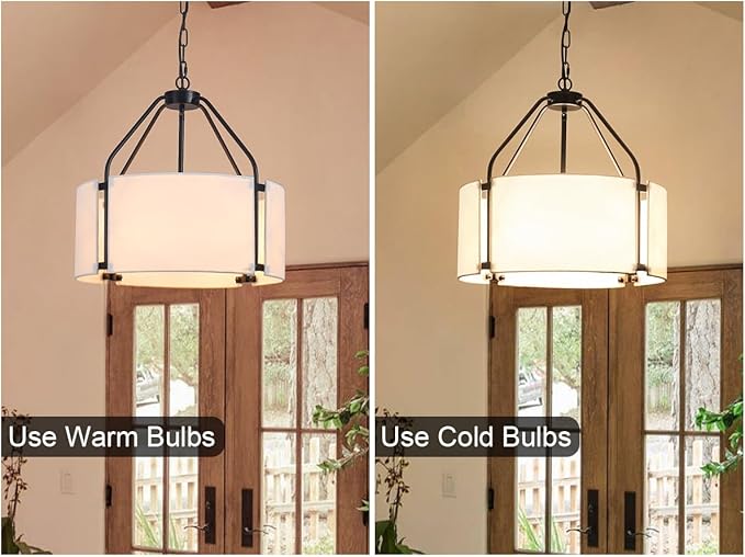 Drum Chandeliers, 18'' Drum Pendant Light Fixture with White Linen Fabric Shade, White Chandelier Adjustable Modern Farmhouse Hanging Lights for Dining Room Bedroom Kitchen Foyer Entryway