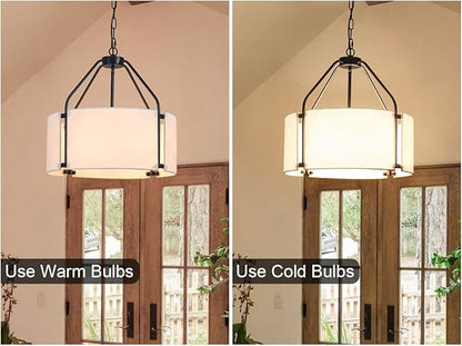 Drum Chandeliers, 18'' Drum Pendant Light Fixture with White Linen Fabric Shade, White Chandelier Adjustable Modern Farmhouse Hanging Lights for Dining Room Bedroom Kitchen Foyer Entryway