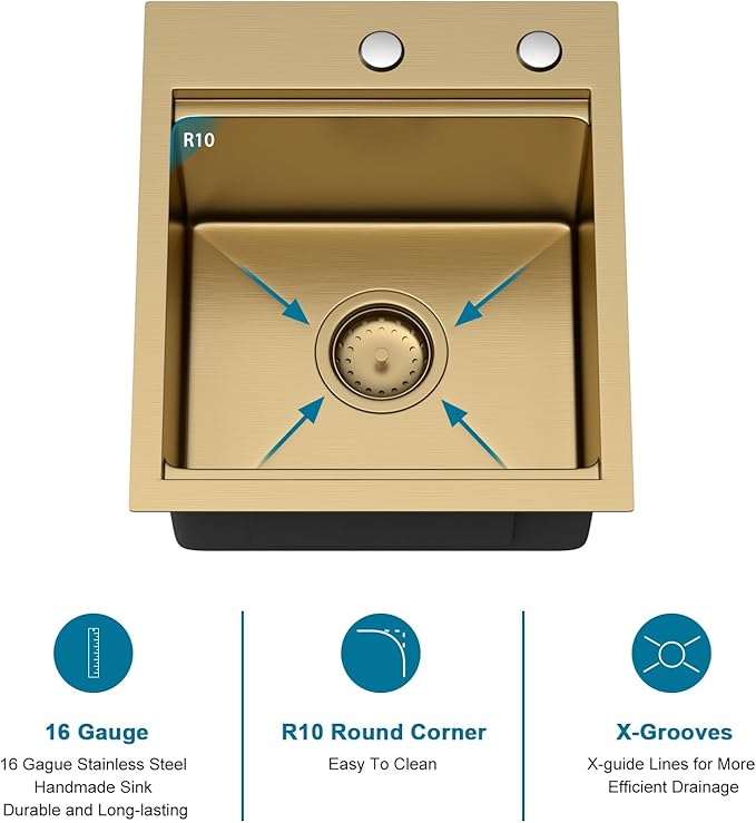 Gold Bar Sink With Faucet Drop In Bar Sinks 15x17 Inch Stainless Steel Indoor Outdoor Kitchen Workstation16 Gauge Single Bowl Small Sinks With Pull-out Faucet 15"x17"x9"