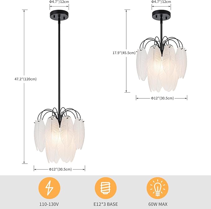 LumFurn D12 inch Glass Chandeliers, 3-Light Modern Pendant Light Fixture for Dining Room, Living Room, D12x18~47 Inch (Adjustable Height), Frosted Glass Feather Shade & Matte Black Finish Frame