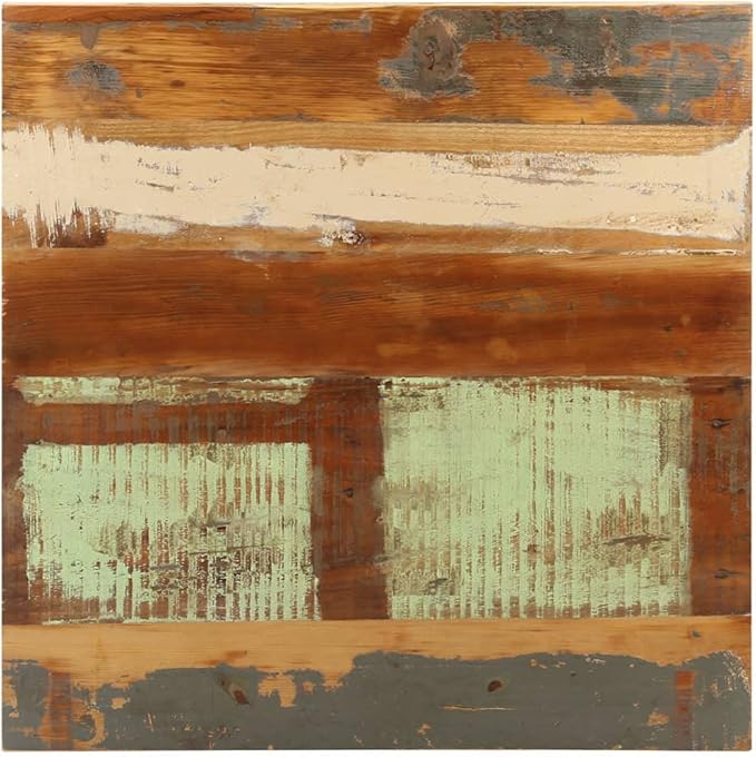 Mixed Color Solid Reclaimed Wood Bistro Dining Table, Powder-Coated Iron Base, 19.7in Square, for Kitchen & Dining Room, Bar, Indoor Outdoor Dinner Use