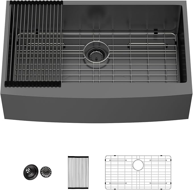 Lordear Gunmetal Black Farmhouse Sink Stainless Steel Farm 33 inch16 Gauge Apron Front Deep Single Bowl Stainless Steel Kitchen Farm Farmer Style Sinks