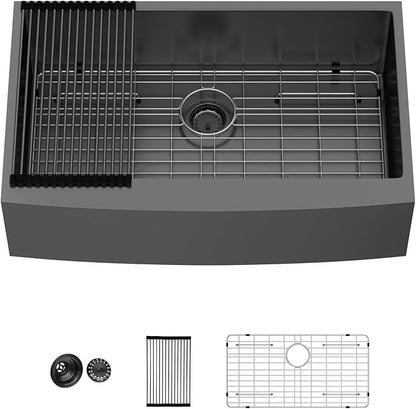 Lordear Gunmetal Black Farmhouse Sink Stainless Steel Farm 33 inch16 Gauge Apron Front Deep Single Bowl Stainless Steel Kitchen Farm Farmer Style Sinks