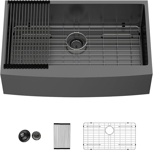 Lordear Gunmetal Black Farmhouse Sink Stainless Steel Farm 33 inch16 Gauge Apron Front Deep Single Bowl Stainless Steel Kitchen Farm Farmer Style Sinks