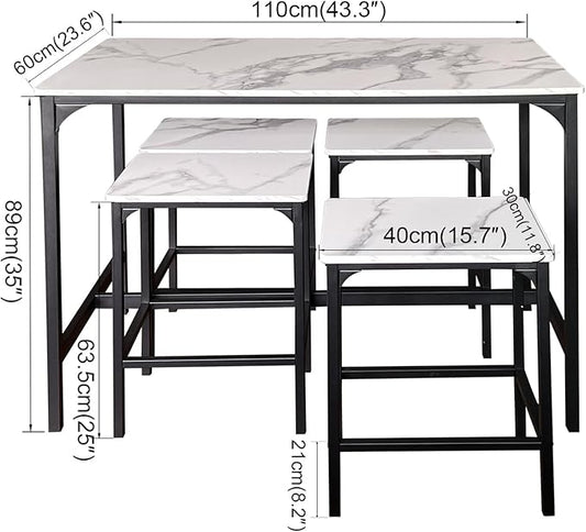 AT-VALY 5-Piece Bar Table Set with 4 Stools,Dining Room Table Set,Small Spaces (Black & White)