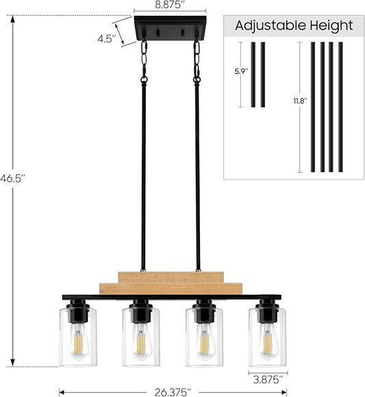 4-Light Linear Chandeliers for Dining Room Hanging, Farmhouse Dining Room Light Fixture Over Table, Black Pendant Kitchen Island Lighting, Wood Ceiling Light Fixture with Clear Glass Shade