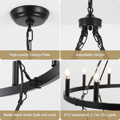 Black Wagon Wheel Chandelier 2 Tier 20-Lights 40 Inch Extra Large Farmhouse Light Fixture Rustic Lighting Round Chandeliers for Dining Room Kitchen Island Foyer Entryway