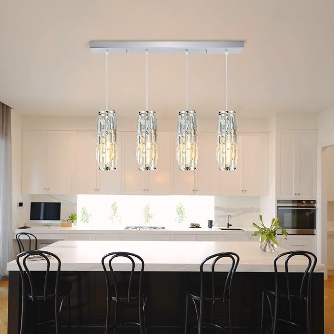 LMQNINE 4 Light Chrome Pendant Lighting Modern Pendant Light, Mini Crystal Chandeliers,Adjustable Pendant Light Fixture for Kitchen Island Dinning Room Bedroom(Chrome 4-Light)