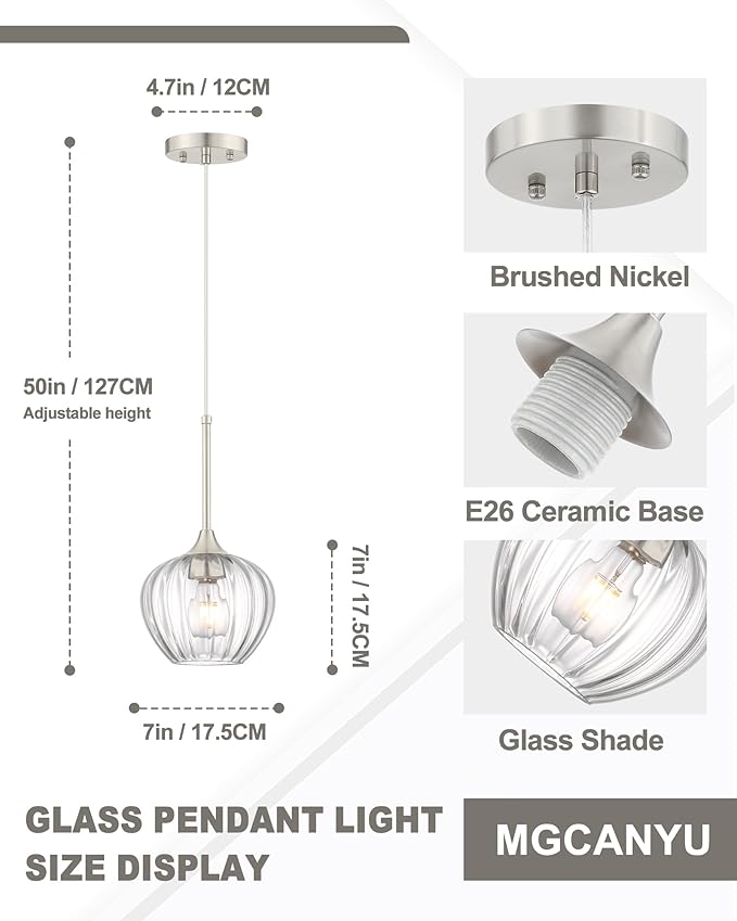 2-Pack Glass Pendant Lights Kitchen Island, 7" Modern Brushed Nickel Pendant Lighting Small Hanging Light Fixtures for Kitchen, Dining Room, Bathroom, Bedroom