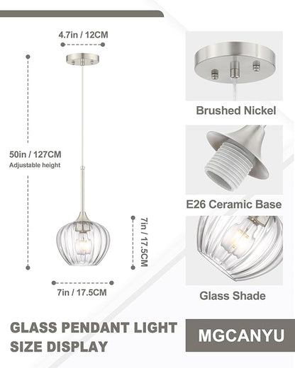 Glass Pendant Lights for Kitchen Island, 7" Modern Brushed Nickel Pendant Light Fixtures Mini Adjustable Hanging Light for Kitchen, Dining Room, Sink, Bathroom