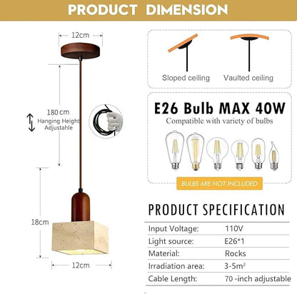Japanese Wabi sabi Pendant Light with Natural Stone Shade, Dimmable Modern Wood Hanging Lamp Fixture, Adjustable Height Pendant Lamp for Bedroom, Kitchen Island, Dining Room, Restaurant, Cafe, Bar (K)