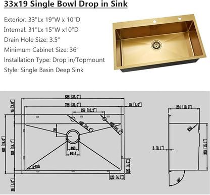 Gold 33x19 Drop In Kitchen Sink-Jshozzy Drop In Sink Kitchen Top Mount 16 Gauge Stainless Steel Sink Single Bowl