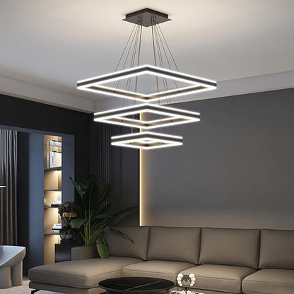 Modern Pendant Light Fixture, 3 Layer Square Black LED Chandelier for Dining Room Table, Dimmable 3000K-6500K, Adjustable Height Kitchen Island Ceiling Hanging Lighting for Living Room Bedroom