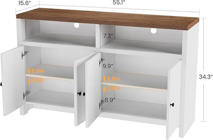 IDEALHOUSE Sideboard Buffet Cabinet with Storage, 55" Large Farmhouse Kitchen Storage Cabinet with 4 Doors & Adjustable Shelves, Wood Coffee Bar Cabinet for Kitchen, Dining Room, Living Room, White