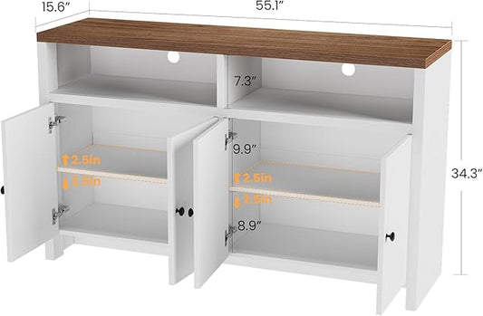IDEALHOUSE Sideboard Buffet Cabinet with Storage, 55" Large Farmhouse Kitchen Storage Cabinet with 4 Doors & Adjustable Shelves, Wood Coffee Bar Cabinet for Kitchen, Dining Room, Living Room, White