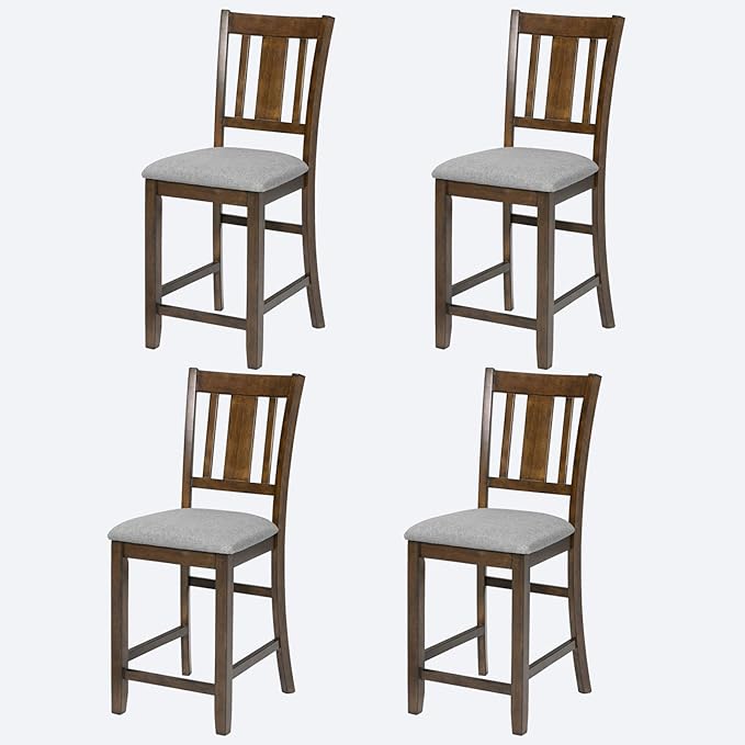 Set of 4 Dining Chairs, Wooden Kitchen Chairs with Padded Cushion, Upholstered Stools for Kitchen Island, Dining Room, Living Room, Easy Assembly (Walnut - Slatted backrest)