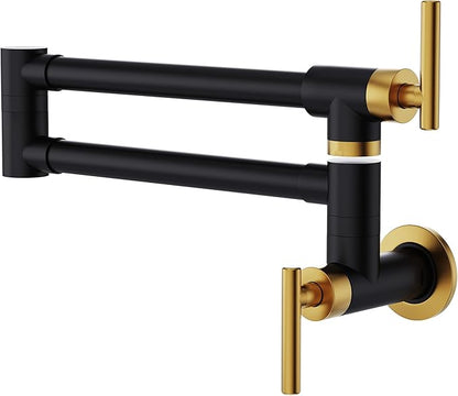 GIMILI Black and Gold Pot Filler Commercial Wall Mount Faucet Folding Double Joint Swing Arm Pot Filler Rotatable Wall Faucet
